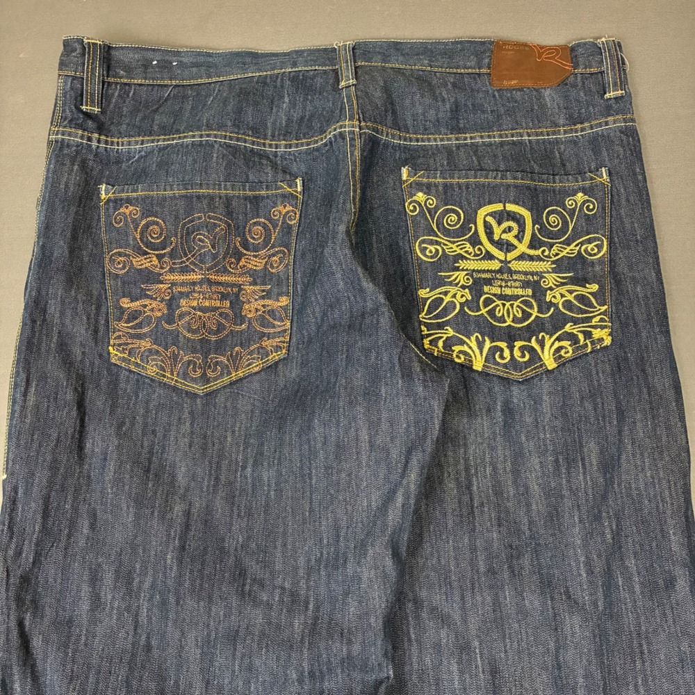 Y2K Rocawear Embroidered Denim Jeans Men's Size 42x33 Dark Wash Wide Leg Baggy